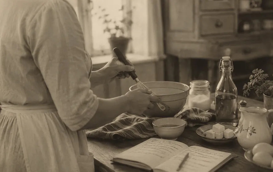 Alice whisking dressing in a vintage kitchen, with a handwritten recipe book open on the table