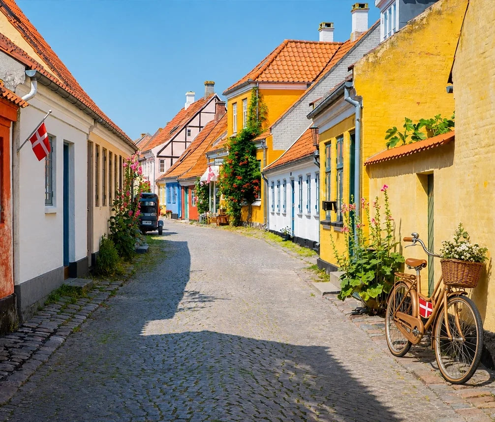 Colorful Danish street with cobblestones and bicycles