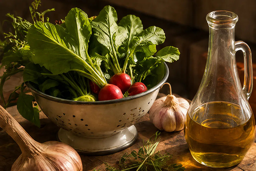 Leafy greens, radishes, garlic and golden olive oil