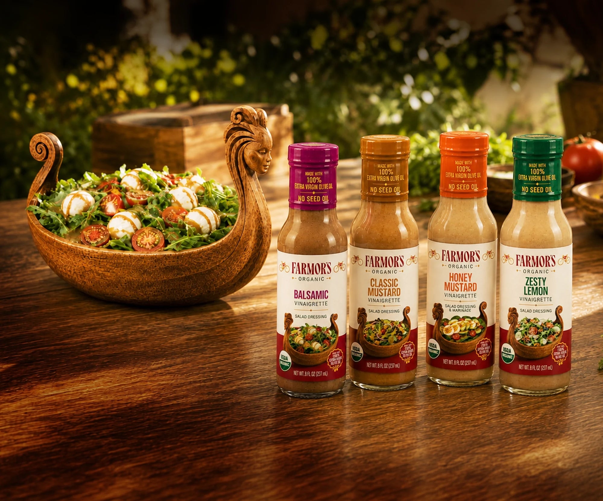 Outdoor rustic table with a wooden salad bowl and four Farmor’s dressing bottles